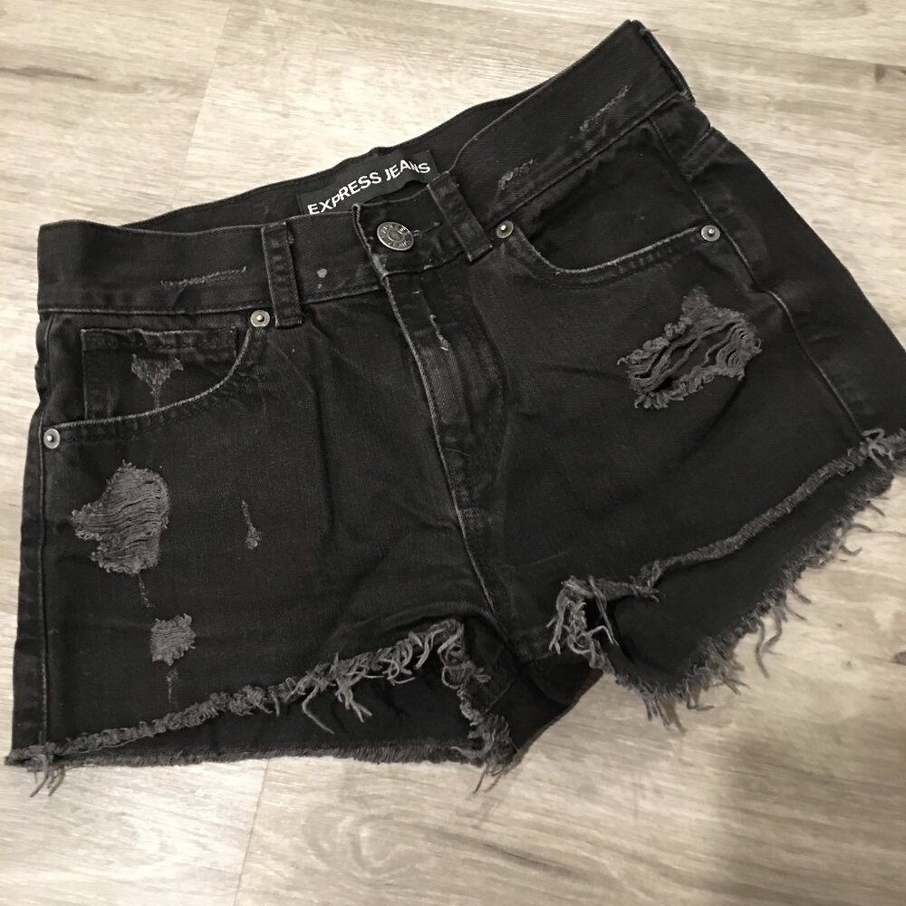 Express Jeans Black Ripped Denim Shorts 0